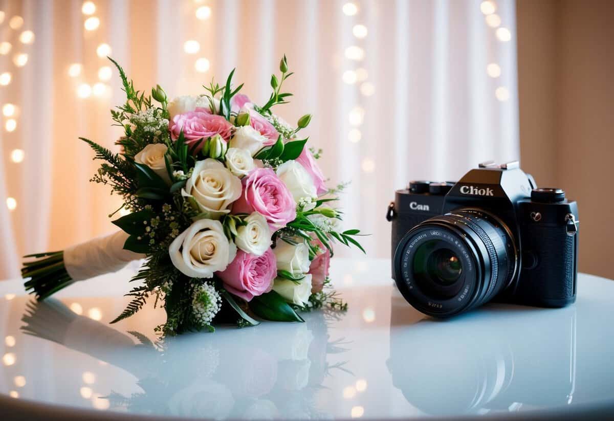 A wedding bouquet and a camera on a table, with soft lighting and a romantic backdrop