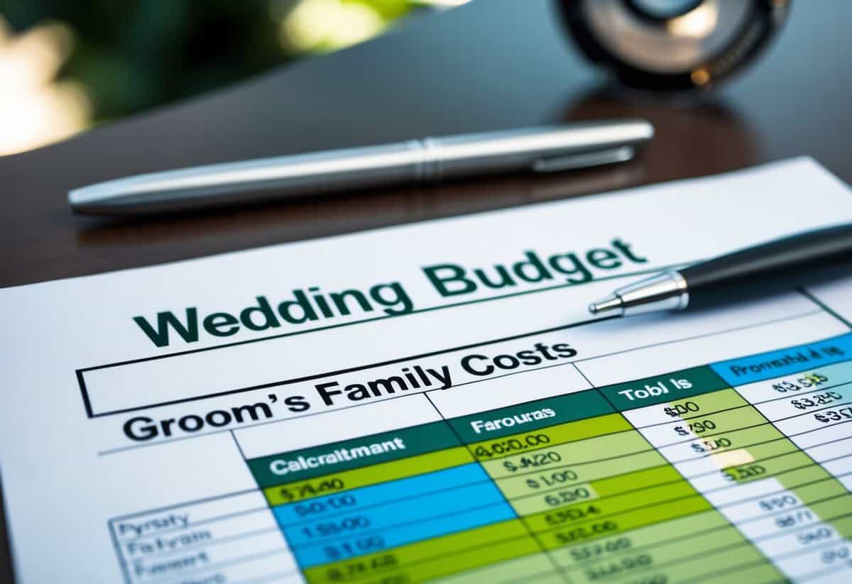 A table with a wedding budget spreadsheet, showing a section labeled "Groom's Family Costs" with various financial figures and calculations