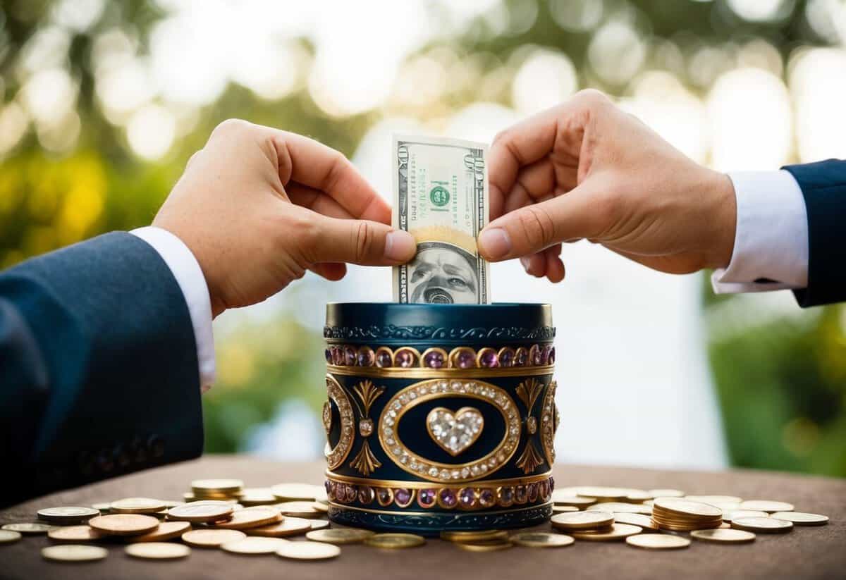 A couple placing money into a decorative wedding fund box