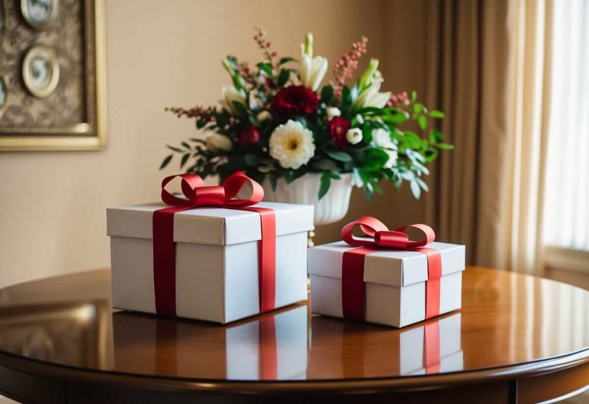 A pair of elegantly wrapped gift boxes, one larger and one smaller, sit on a polished wooden table with a decorative floral centerpiece
