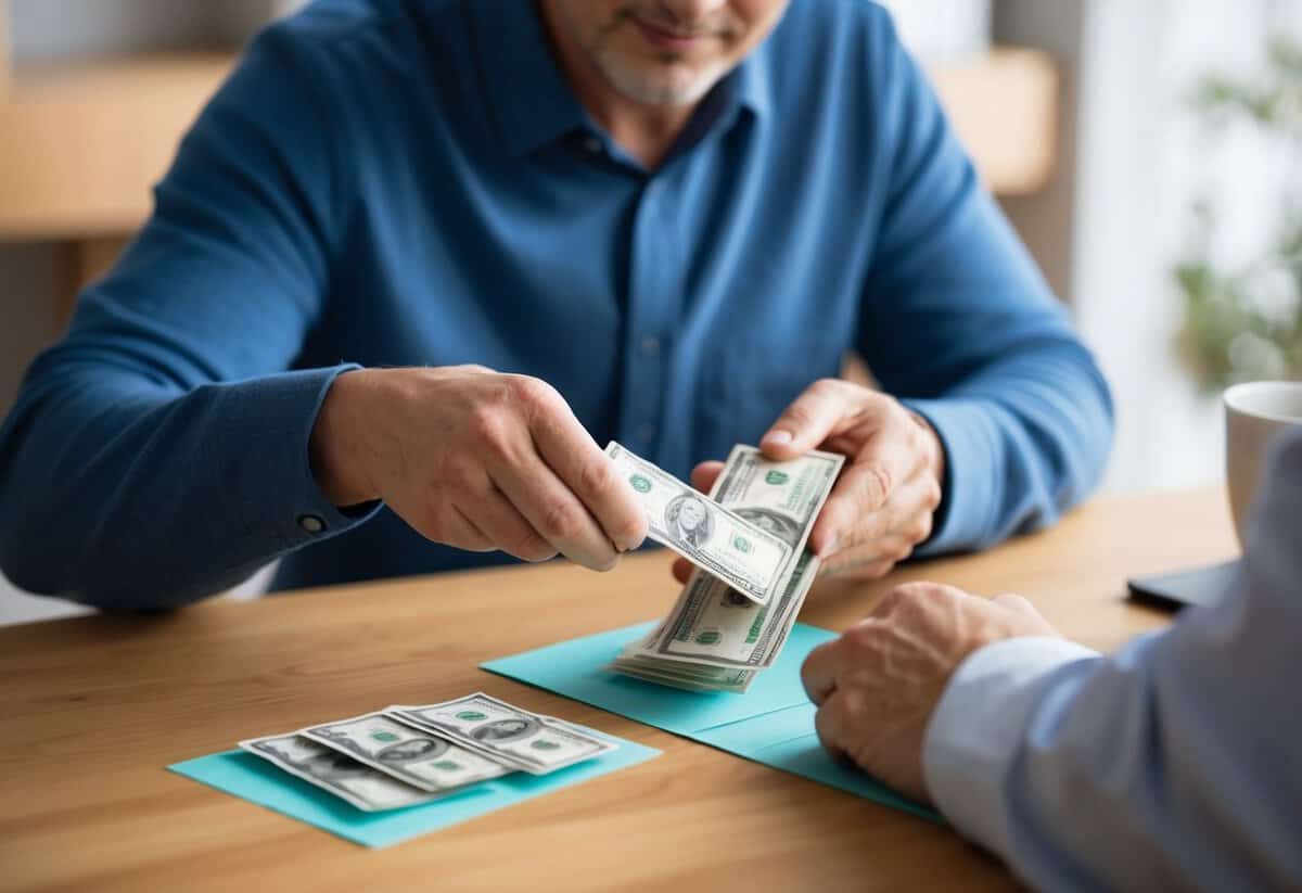 A parent counting out bills and placing them in an envelope