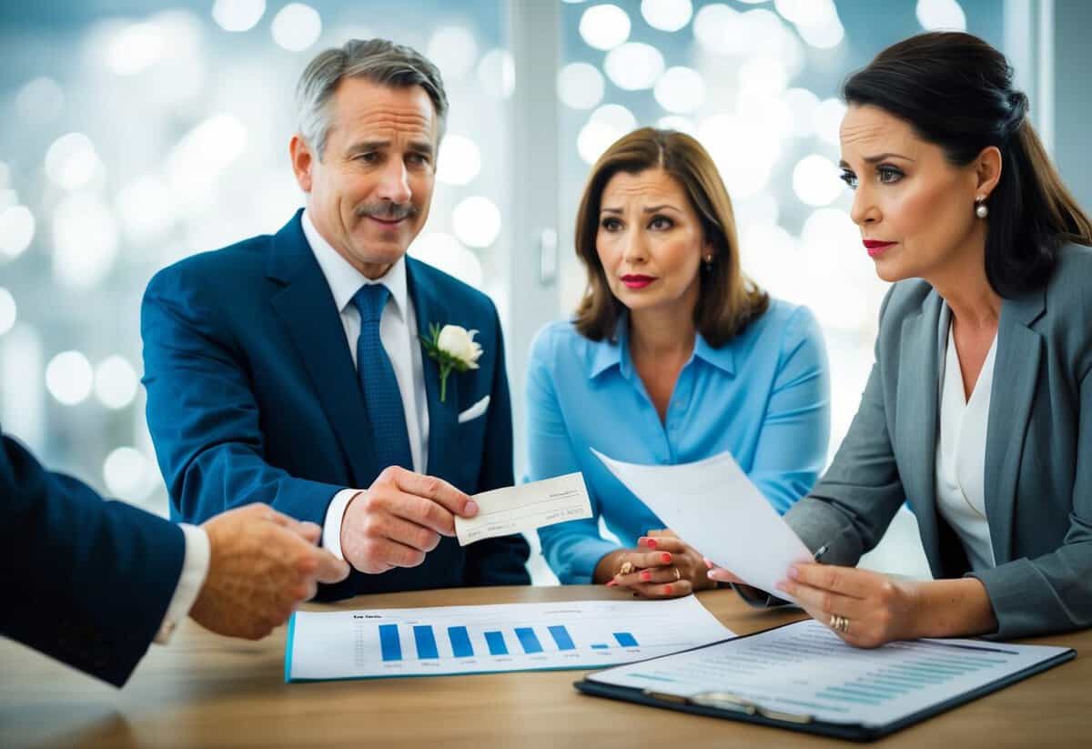 A father hands over a check to a wedding planner, while a mother looks over a budget spreadsheet with a concerned expression