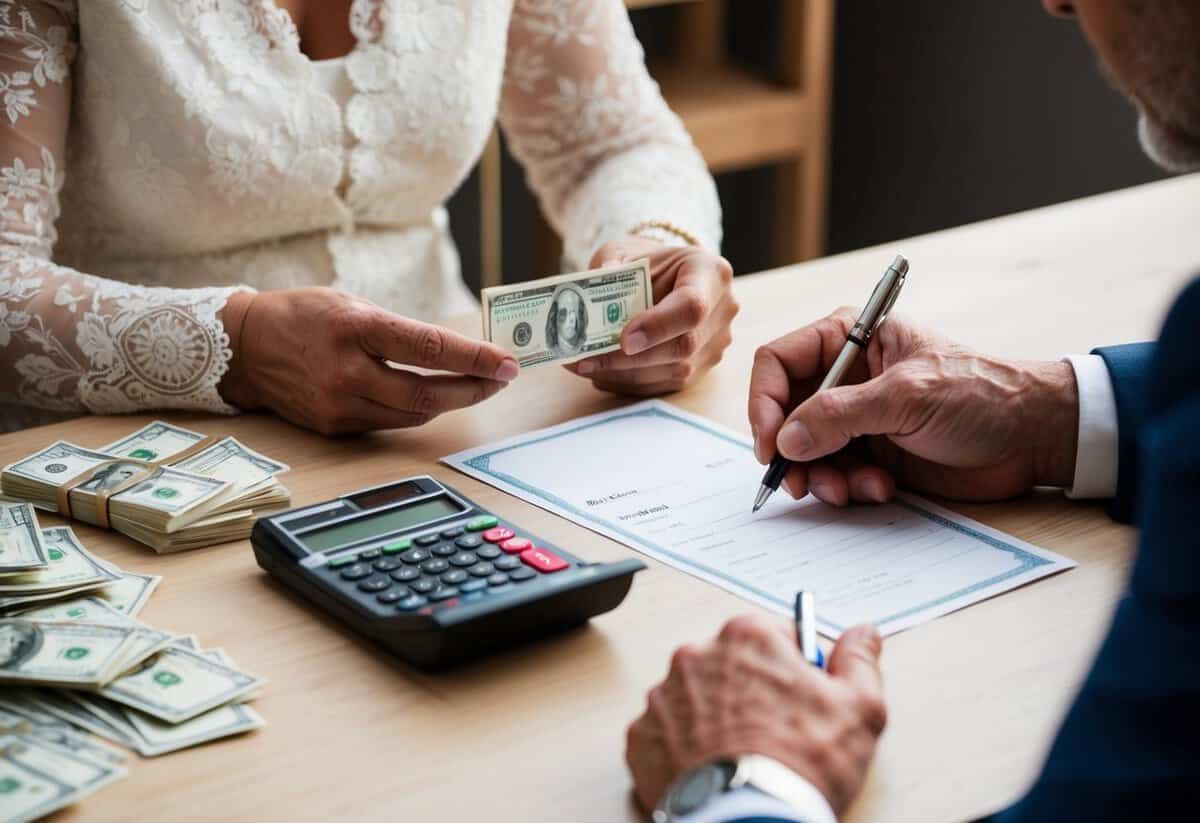 A parent counting money and writing a check for their daughter's wedding