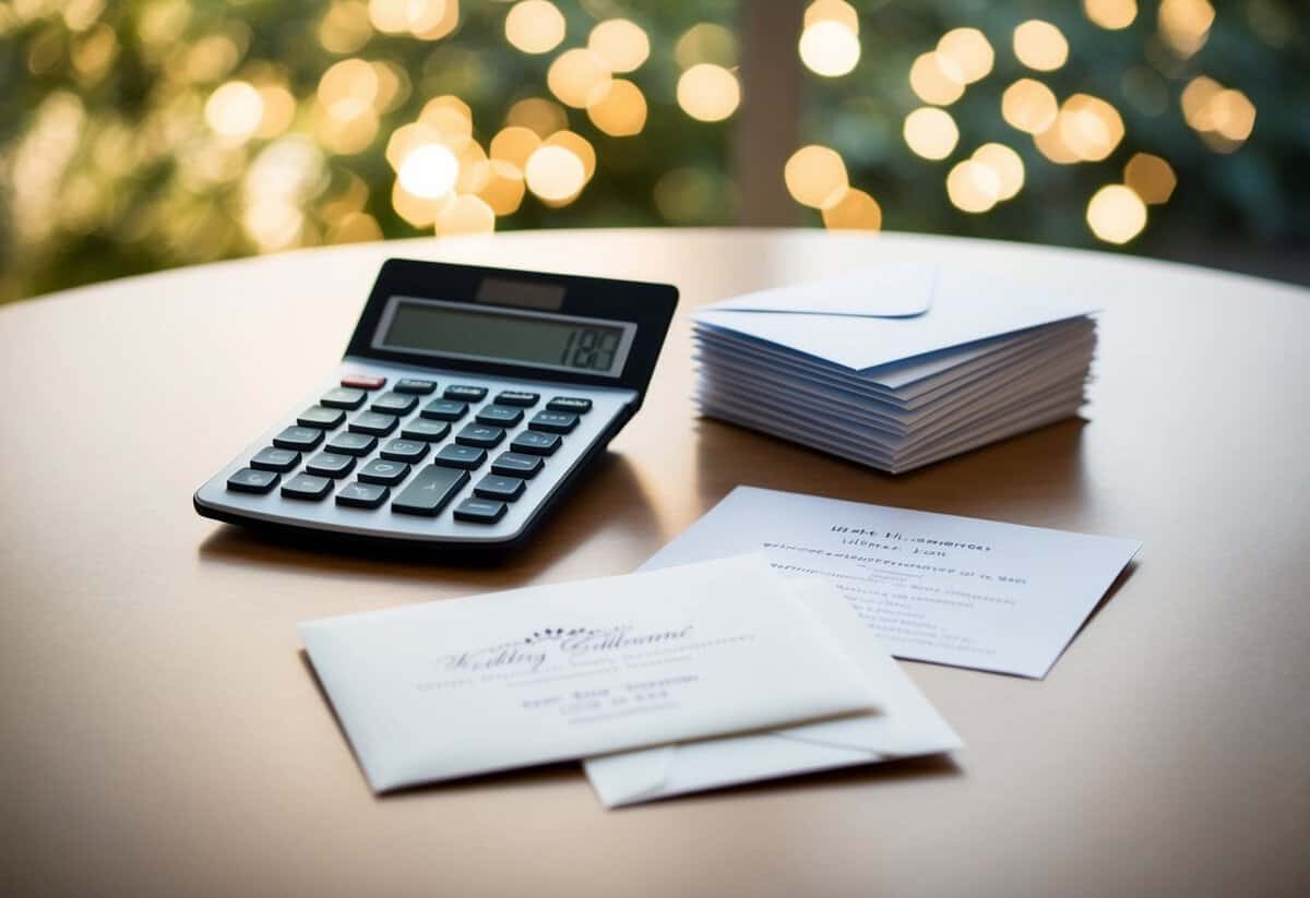 A table with a wedding gift calculator, a stack of envelopes, and a wedding invitation