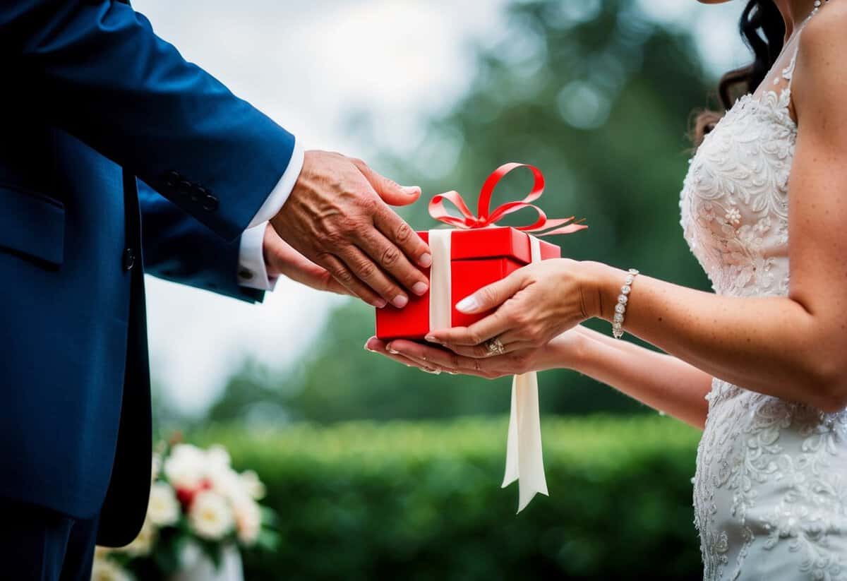 A father placing a symbolic gift into his daughter's hands at her wedding