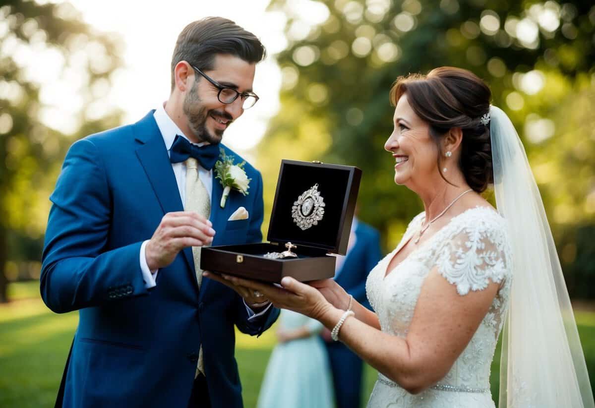 A mother presents her son with a family heirloom on his wedding day