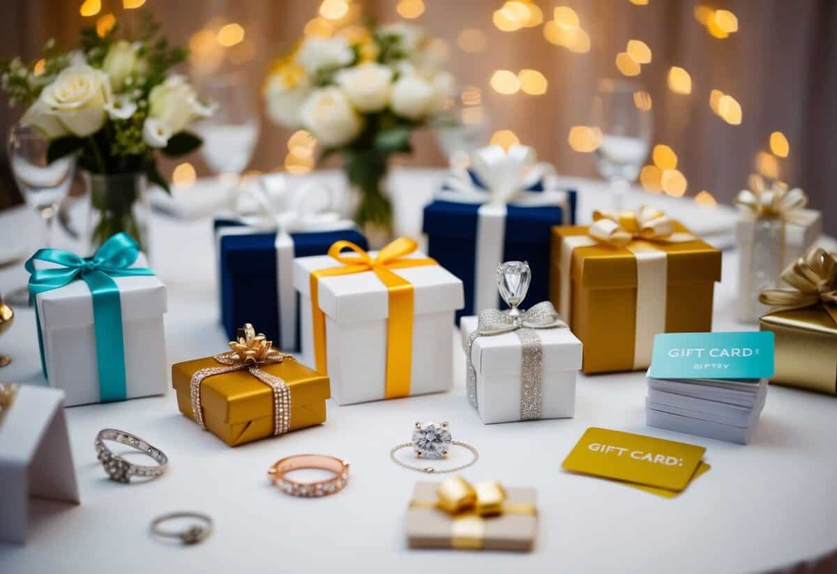 A table adorned with various gift options for a wedding, including jewelry, cash, and gift cards