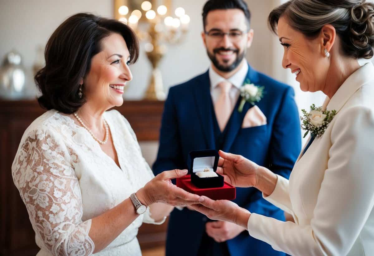 A mother presenting her son with a family heirloom or a sentimental gift on his wedding day