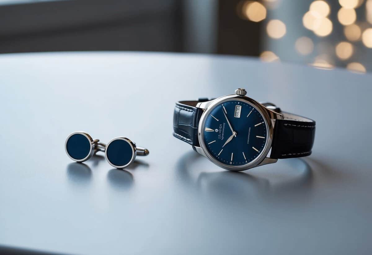 A sleek watch and personalized cufflinks on a clean, modern table