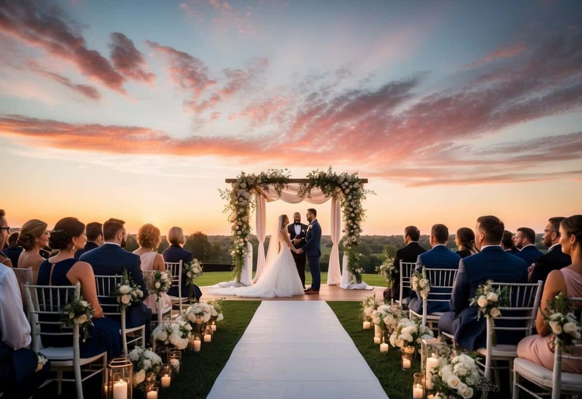 A picturesque outdoor wedding ceremony with a beautiful sunset backdrop and elegant decor
