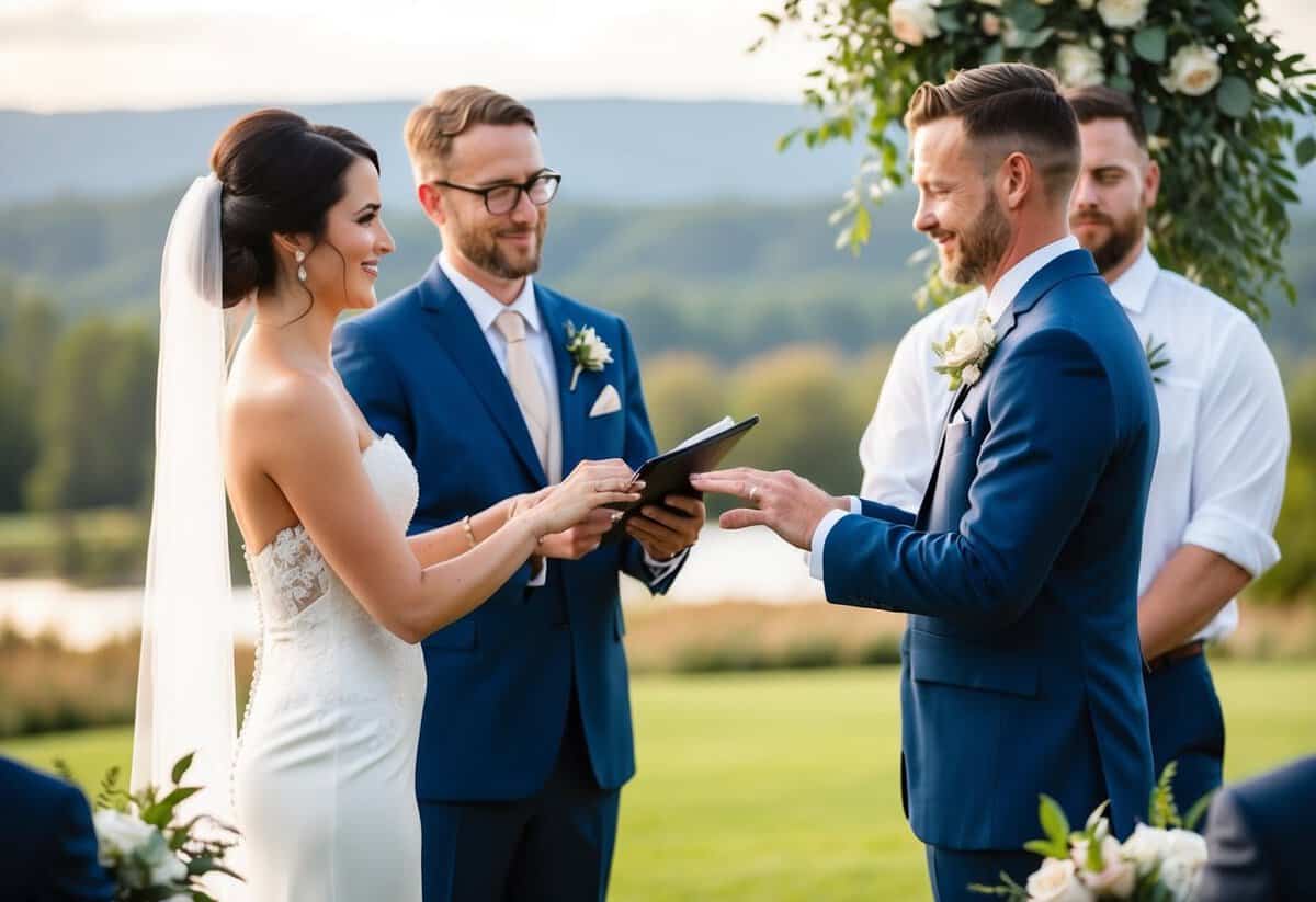 A serene outdoor wedding ceremony with a beautiful landscape in the background, capturing the exchange of vows and rings between the bride and groom
