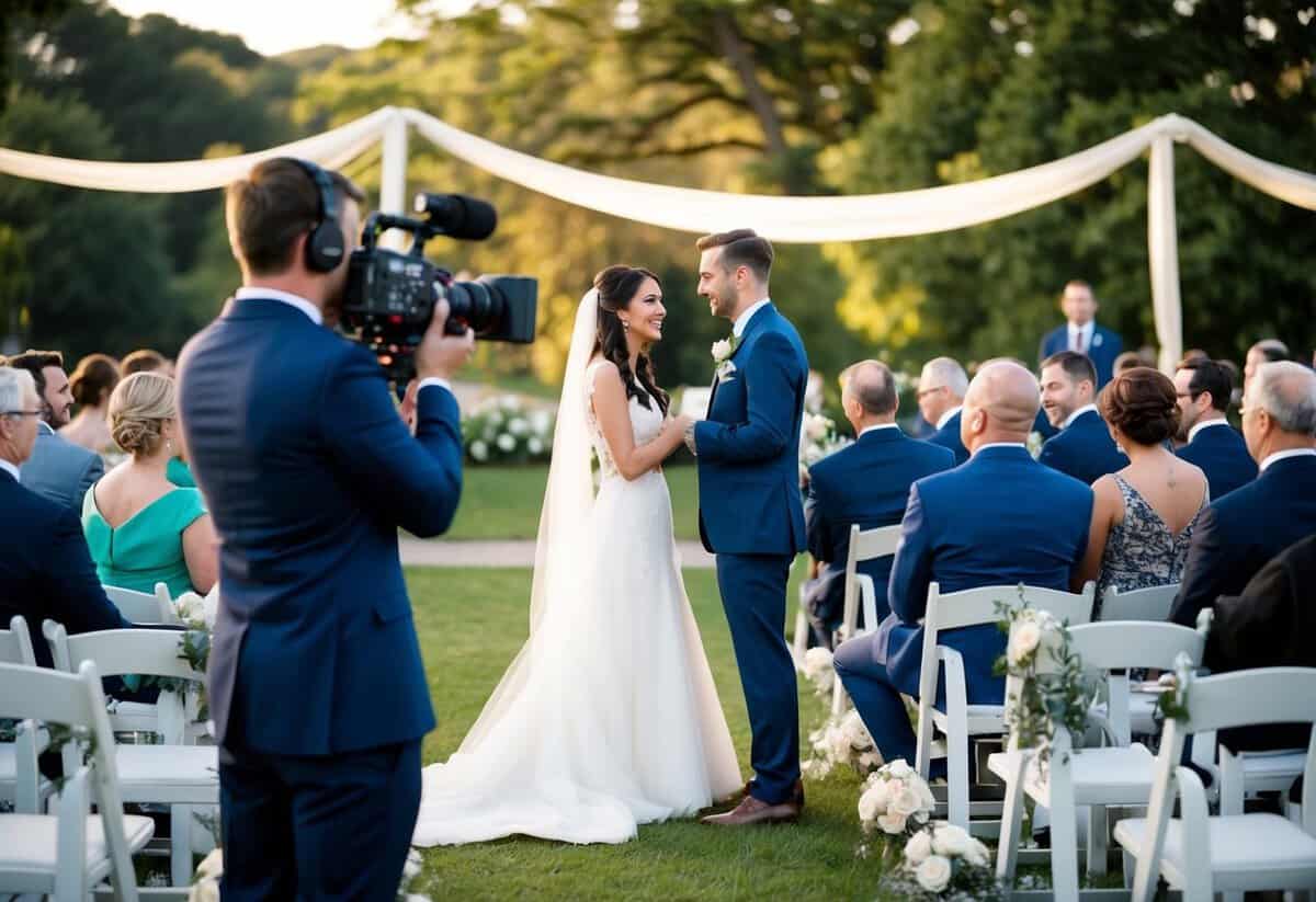 A wedding video camera records a bride and groom exchanging vows in a beautiful outdoor setting, with guests seated in rows of white chairs