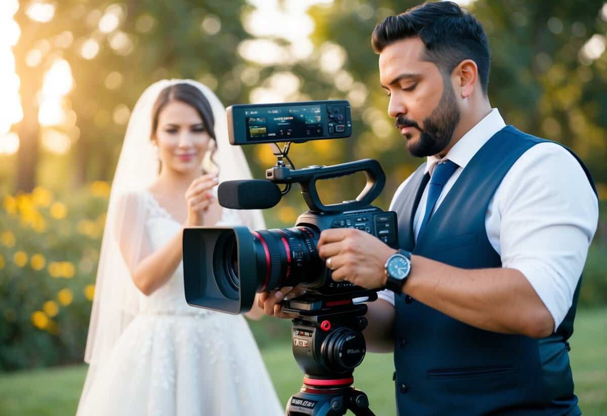 A wedding videographer adjusts camera settings for optimal video format