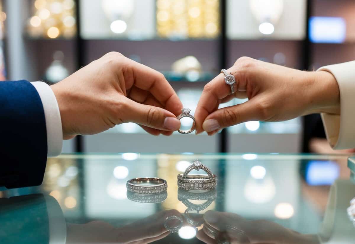 A couple's hands exchanging wedding rings at a jewelry store counter