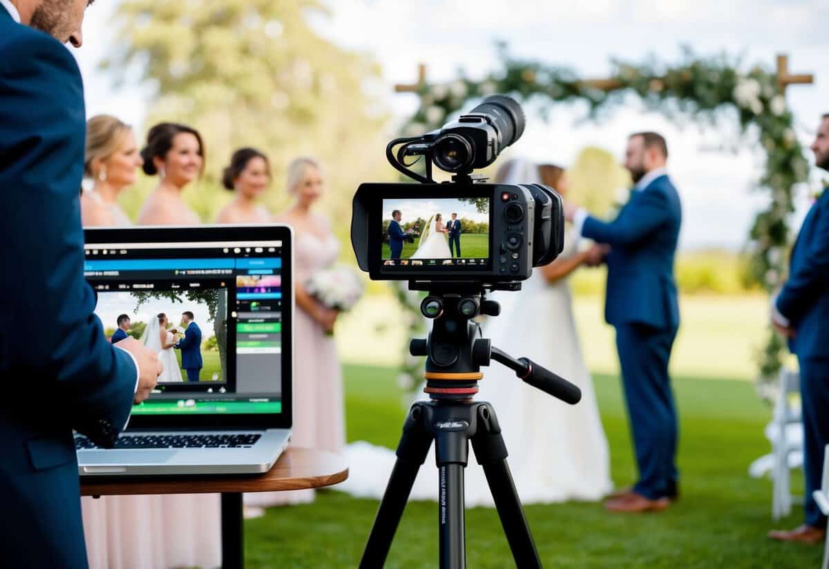 A camera on a tripod capturing a wedding ceremony, with the videographer adjusting settings and angles. A computer screen showing the editing process of a wedding video