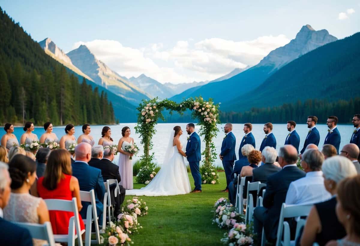 A beautiful outdoor wedding ceremony with a stunning backdrop of mountains and a serene lake, capturing the natural beauty and romance of the occasion