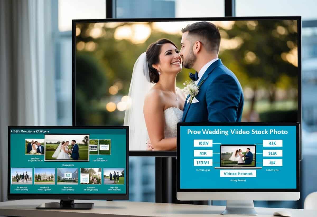 A couple watching a wedding video on a large TV screen with various video package options displayed on a computer screen nearby