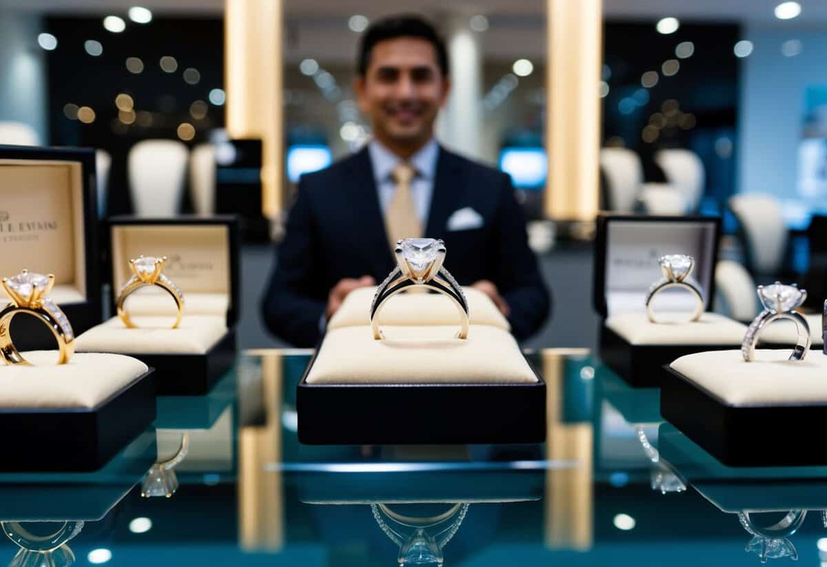 A jeweler presents a display of wedding rings in a well-lit showroom. Various styles and materials are showcased, including gold, platinum, and diamond options
