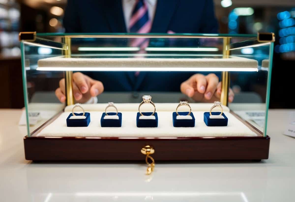 A jeweler presents a selection of wedding rings in a display case
