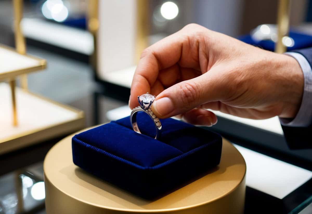 A hand placing a wedding ring on a velvet cushion in a jewelry store