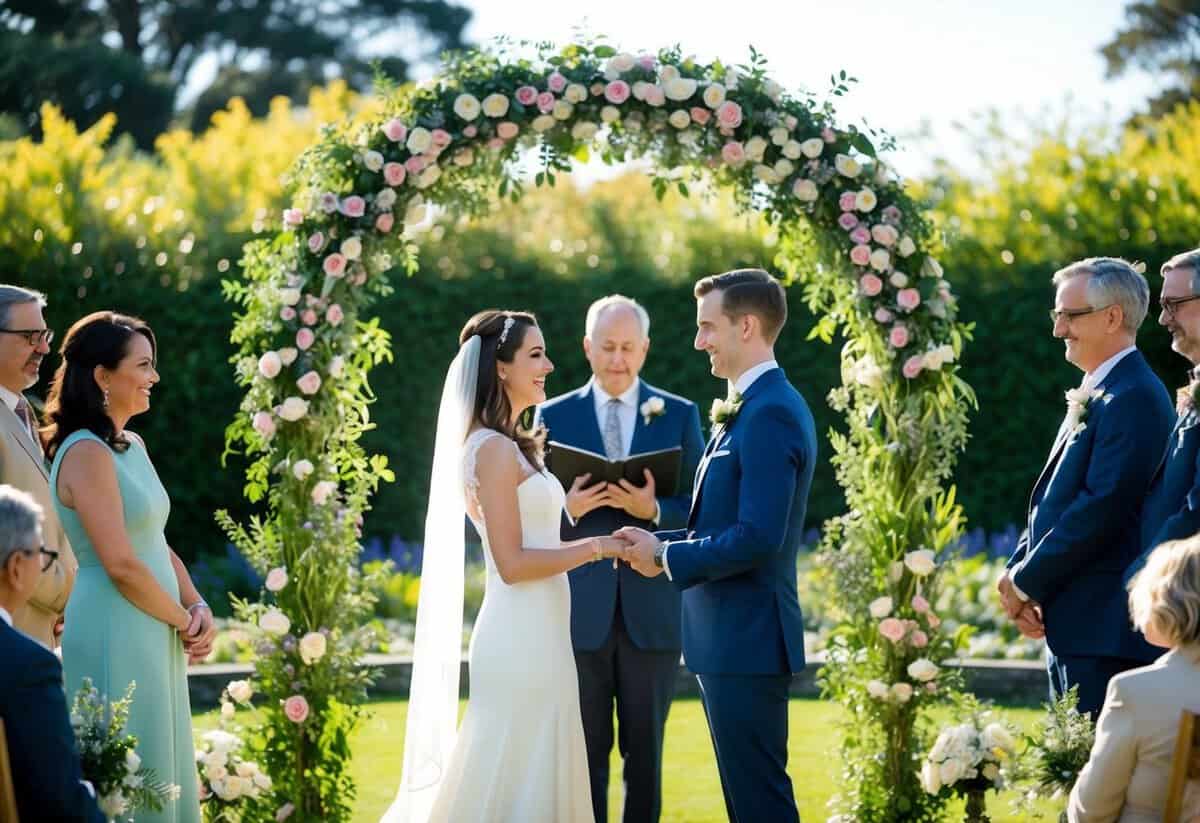 A couple standing under a floral arch in a sunlit garden, surrounded by family and friends, exchanging vows and rings