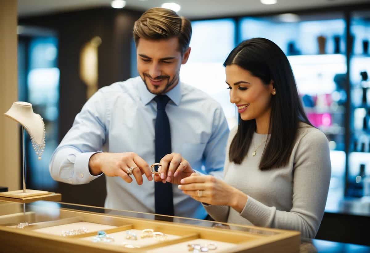 A man's wedding ring being purchased by a woman at a jewelry store counter