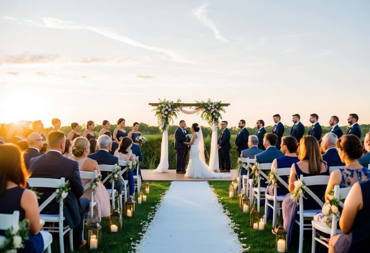 A wedding ceremony taking place in a tranquil outdoor setting, with a decorated archway and rows of chairs for guests. The sun is setting, casting a warm glow over the scene