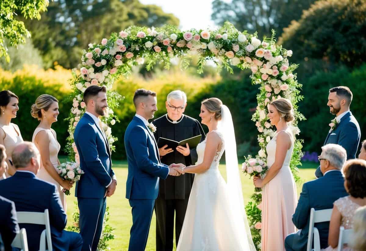 A bride and groom stand under a floral arch in a sunlit garden, surrounded by family and friends. A pastor officiates the ceremony as the couple exchanges vows and rings