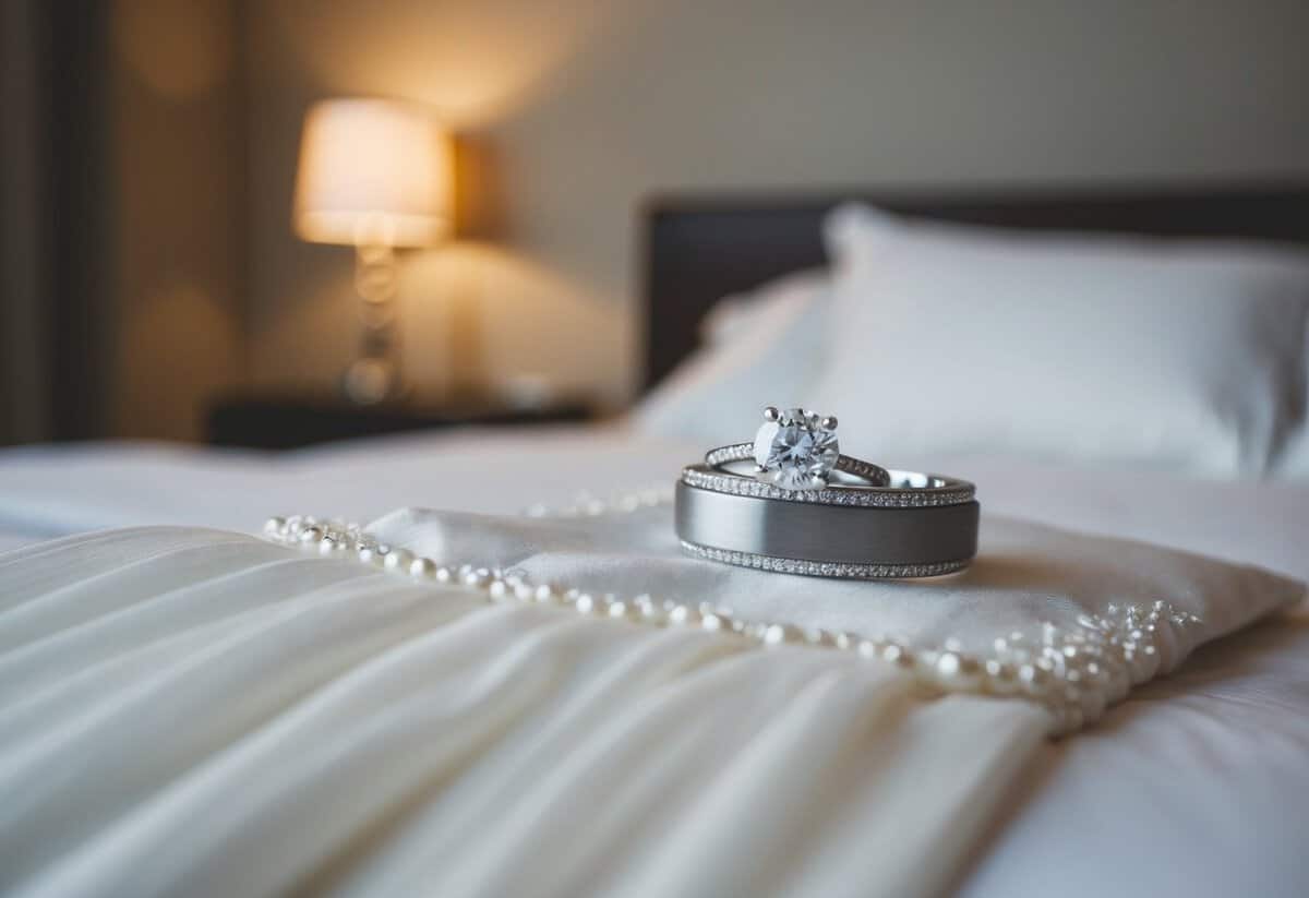 A wedding dress is laid out on a bed, with a delicate engagement ring placed on top