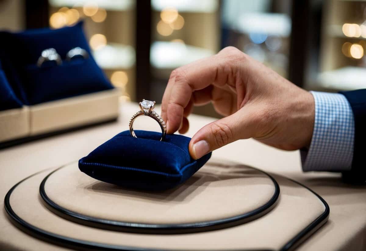A hand places a wedding ring on a velvet cushion in a jewelry store