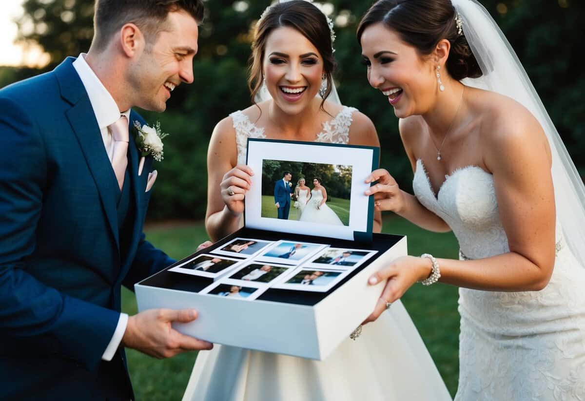 A bride and groom eagerly open a package containing their wedding photos, smiling as they flip through the prints