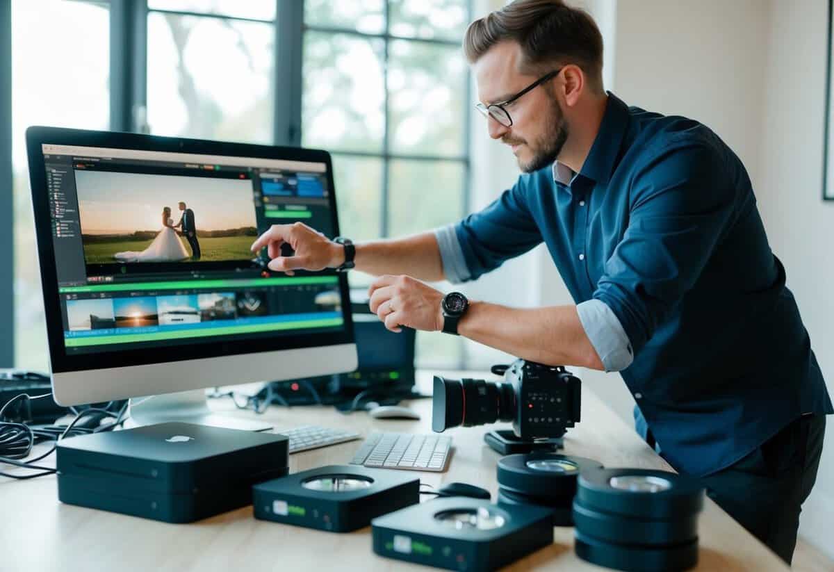 A wedding videographer swiftly edits footage on a computer, surrounded by hard drives and camera equipment
