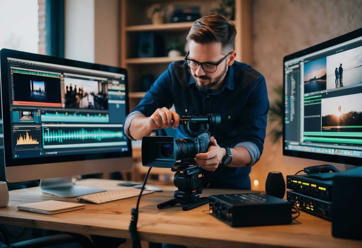 A wedding videographer carefully edits footage in their cozy studio, surrounded by computer screens and editing equipment