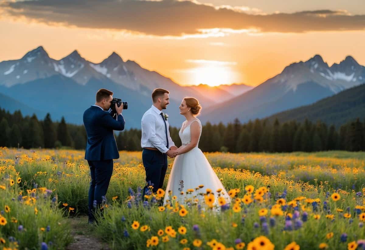 A bride and groom stand in a field of wildflowers, surrounded by towering mountains and a setting sun, as their photographer captures the perfect shot