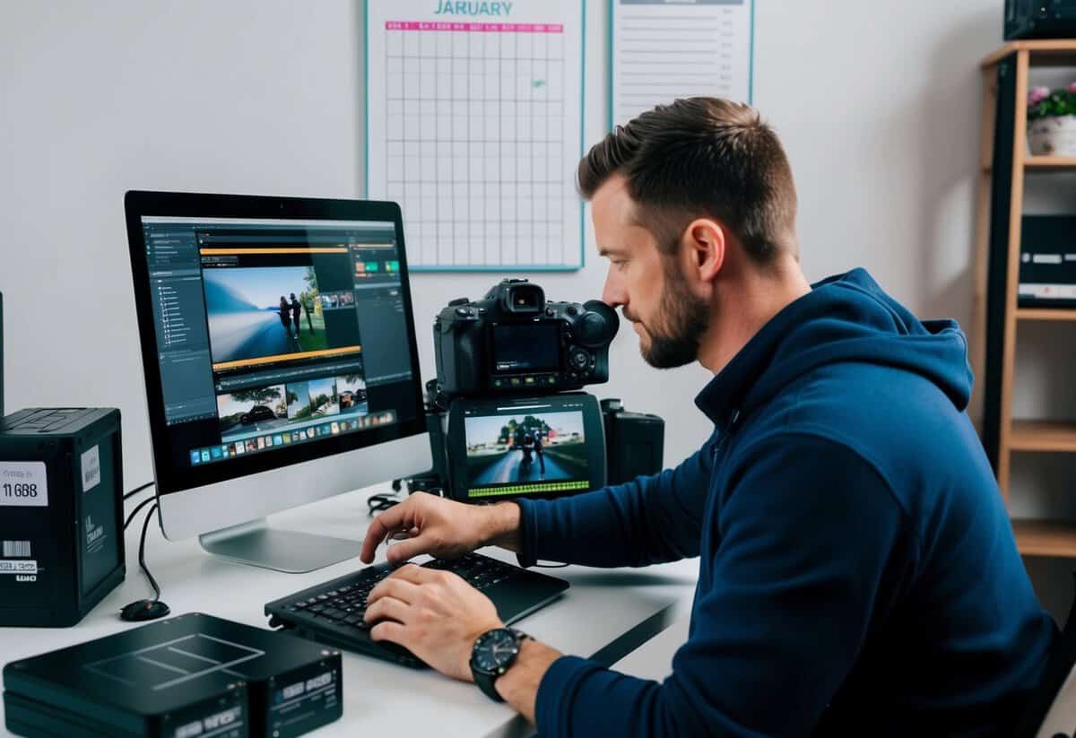 A wedding videographer editing footage on a computer, surrounded by hard drives and camera equipment, with a calendar on the wall marking delivery deadlines
