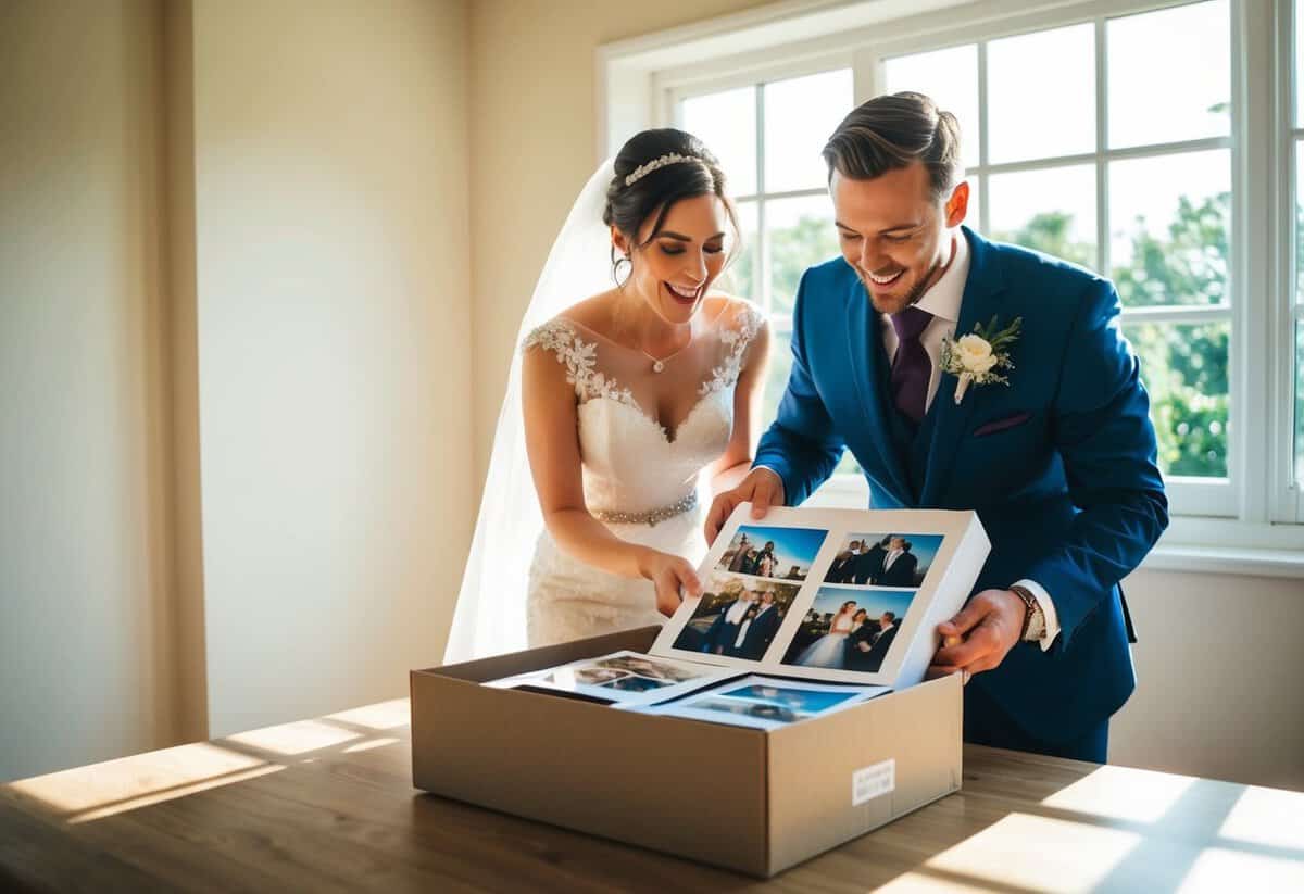 A bride and groom eagerly open a package, filled with printed wedding photos, as sunlight streams through the window onto the table