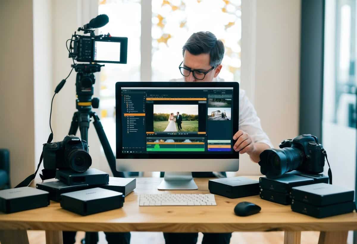 A wedding videographer carefully edits footage on a computer, surrounded by hard drives and camera equipment