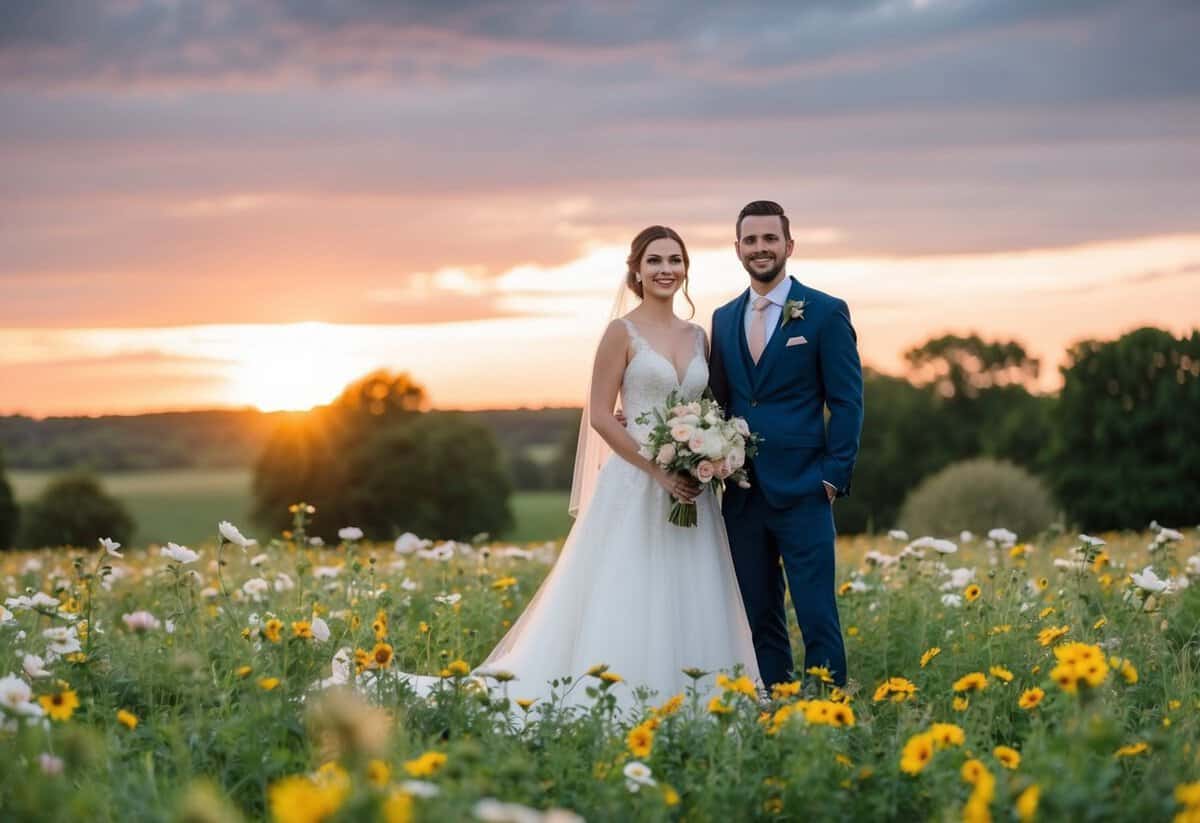 A bride and groom standing in a field, surrounded by blooming flowers and a beautiful sunset in the background