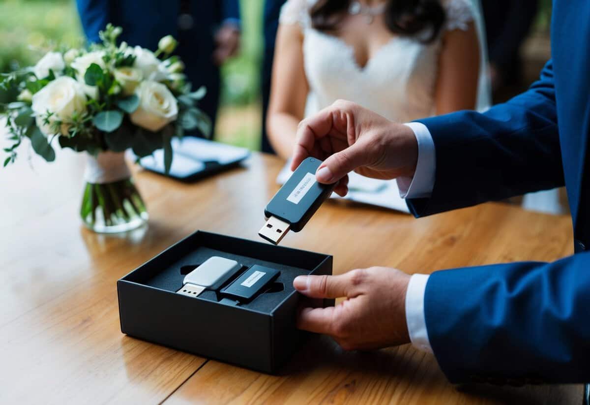 A wedding videographer carefully packaging a USB drive with the completed wedding video, ready to be delivered to the happy couple