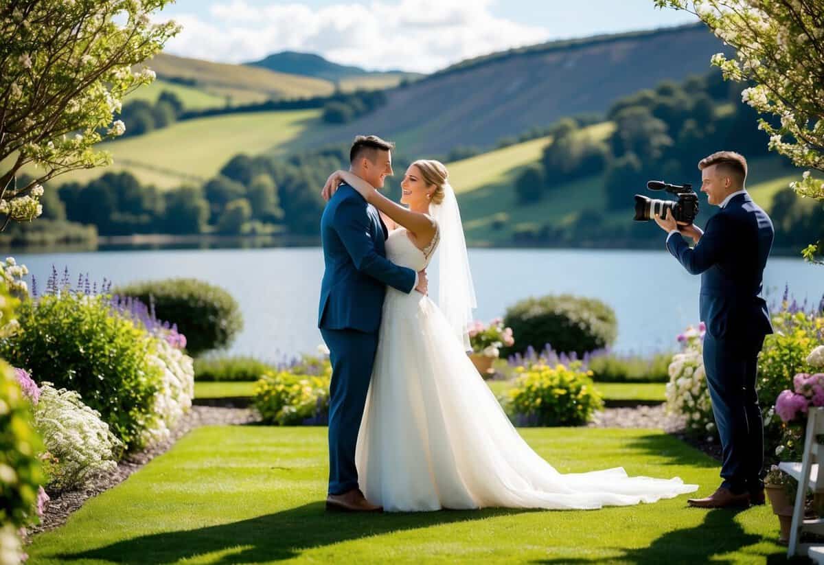 A bride and groom stand in a sunlit garden, surrounded by blooming flowers and a picturesque backdrop of rolling hills and a serene lake. A photographer and videographer capture the couple's joyful embrace