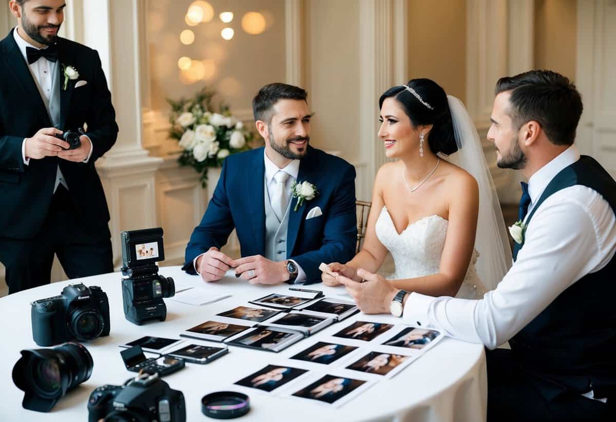A bride and groom sit at a table with a wedding photographer and videographer, discussing packages and pricing. Camera equipment and sample photos are displayed on the table