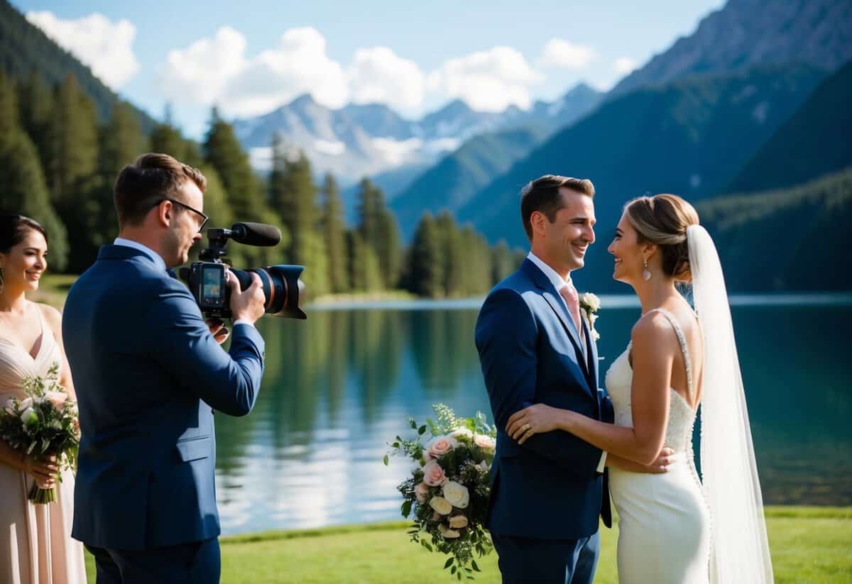 A wedding photographer and videographer capturing a romantic outdoor ceremony with a stunning backdrop of mountains and a serene lake