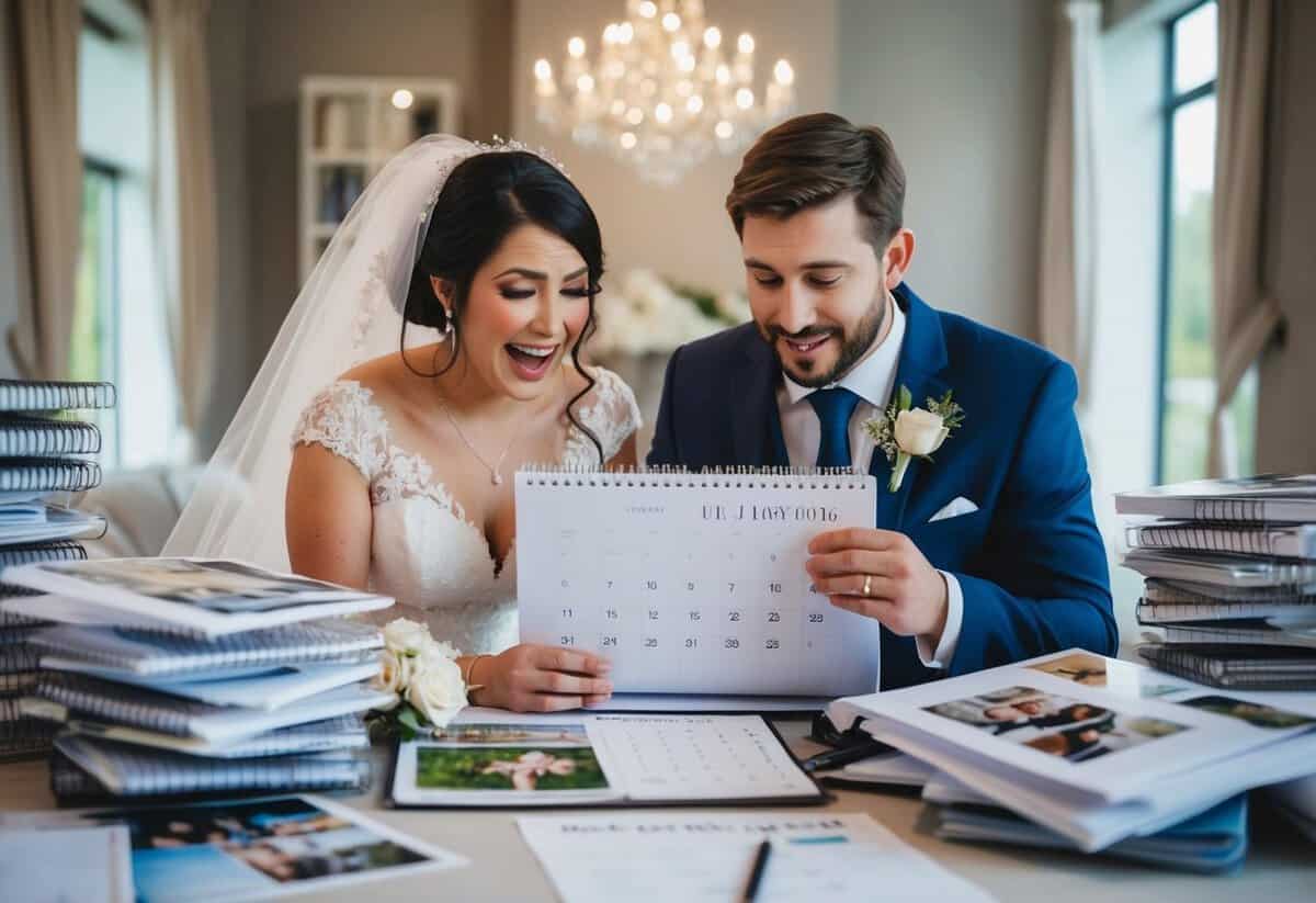 A bride and groom anxiously flipping through a calendar, surrounded by piles of wedding photos and planning materials