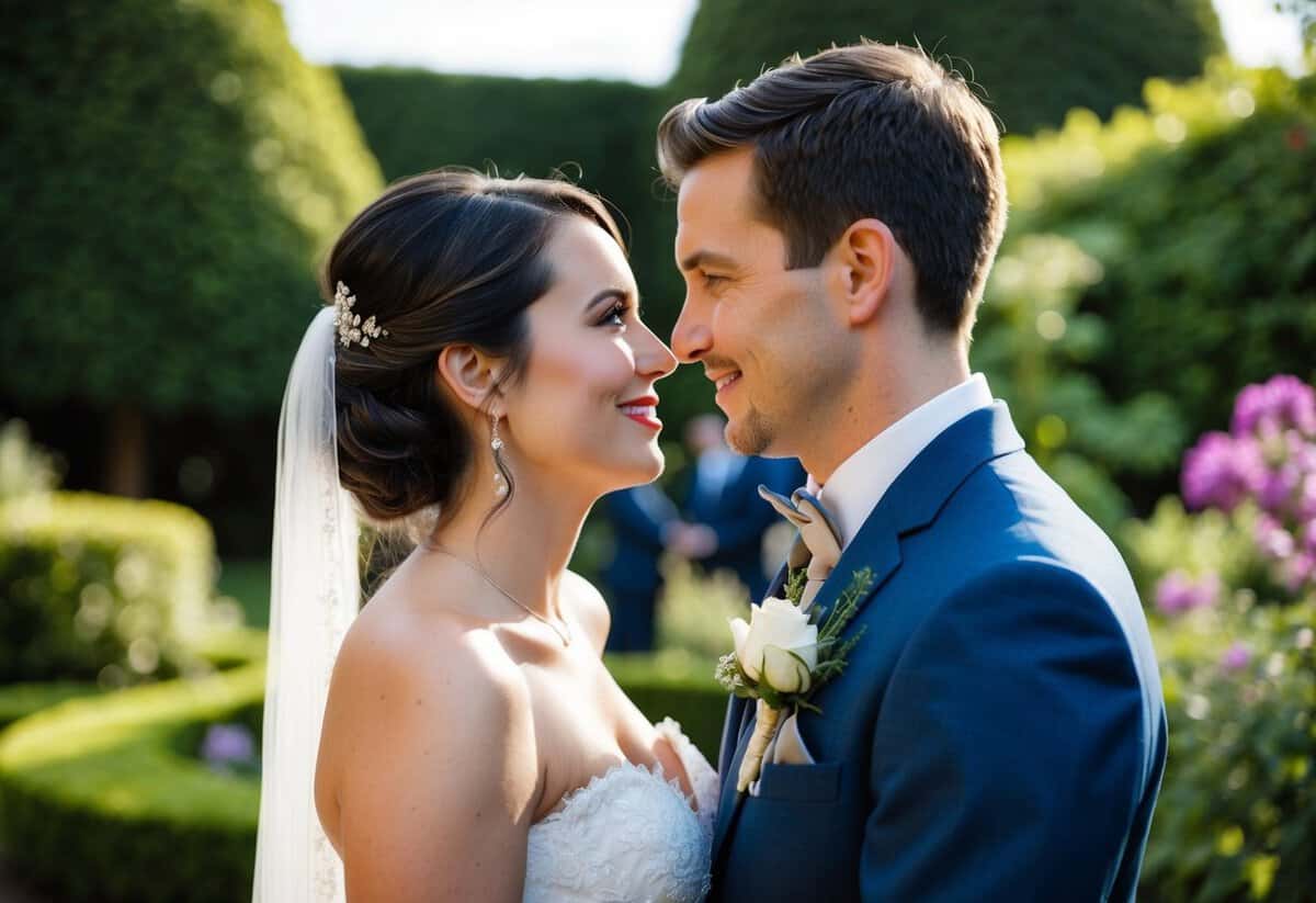 A bride and groom gaze lovingly at each other while a photographer captures their special moment in a lush garden setting