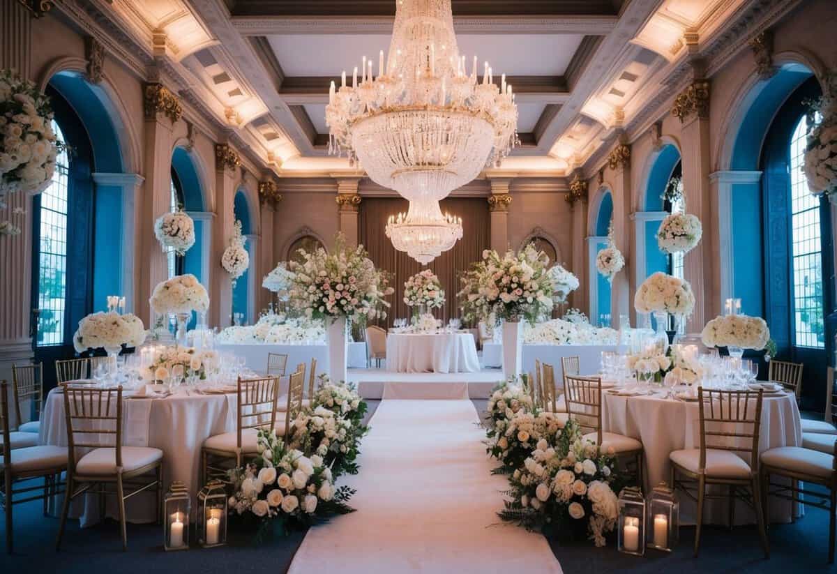 A lavish wedding venue in the UK, adorned with ornate decorations and extravagant floral arrangements, with a grand chandelier hanging from the ceiling