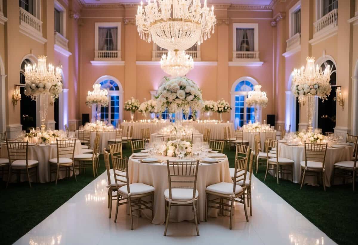 A lavish wedding reception at a grand mansion, with opulent decor, chandeliers, and a sprawling garden