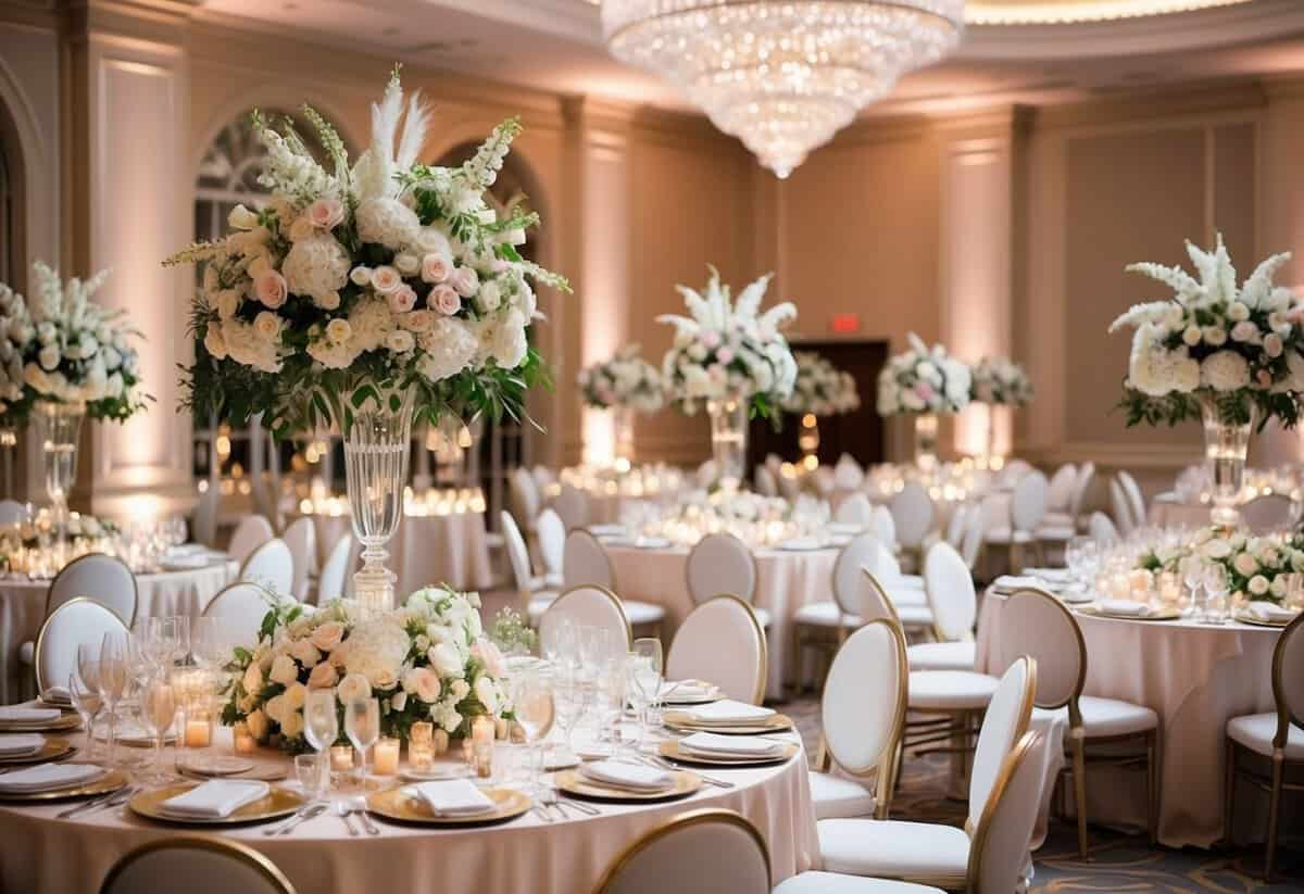 A lavish wedding reception with a grand floral centerpiece surrounded by opulent decor and elegant table settings