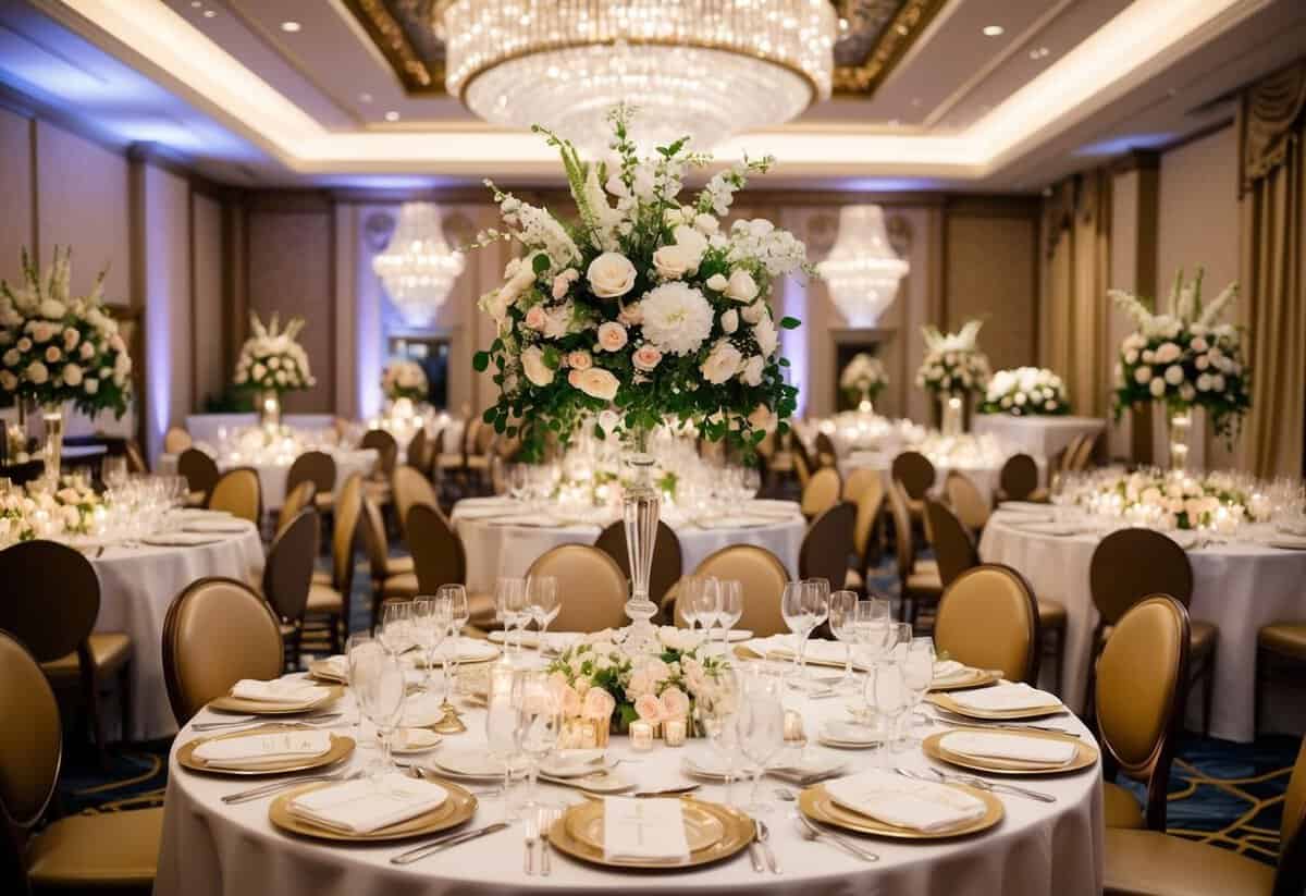 A lavish wedding banquet with opulent decor and fine dining, featuring expensive floral centerpieces and elegant table settings