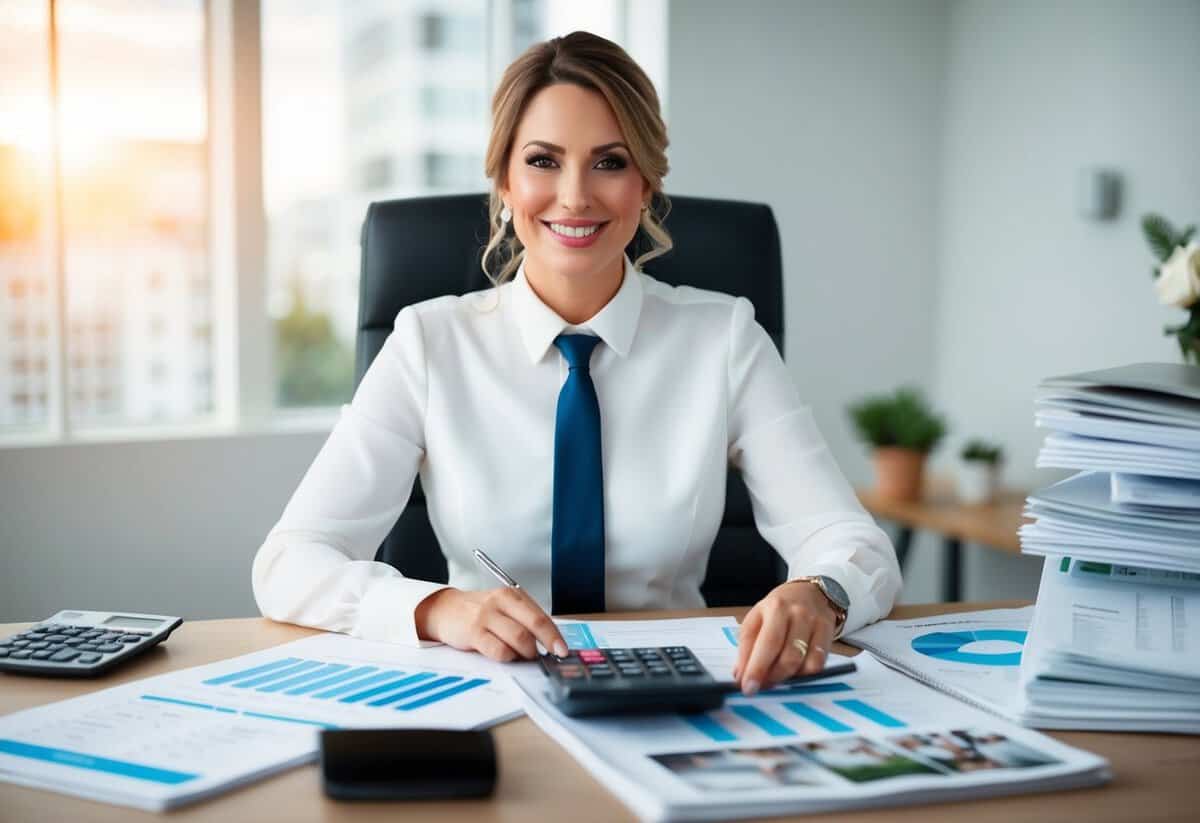 A wedding planner sitting at a desk, surrounded by budget spreadsheets, calculator, and wedding magazines