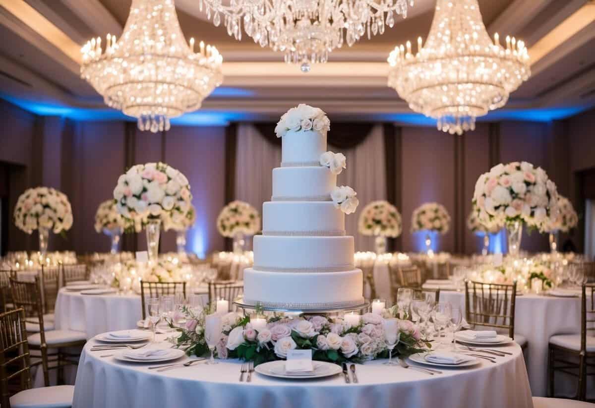A lavish wedding reception with opulent floral centerpieces, crystal chandeliers, and a grand tiered wedding cake